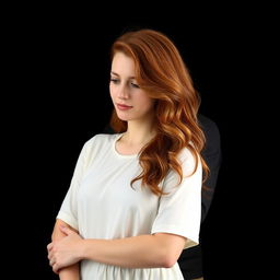 A red-haired woman with wavy medium-length hair, dressed in a casual white dress