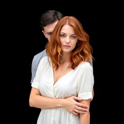 A red-haired woman with wavy medium-length hair, dressed in a casual white dress