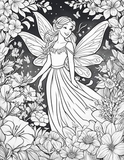 Disney-style coloring page featuring a joyful fairy surrounded by a variety of flowers in her magical garden.