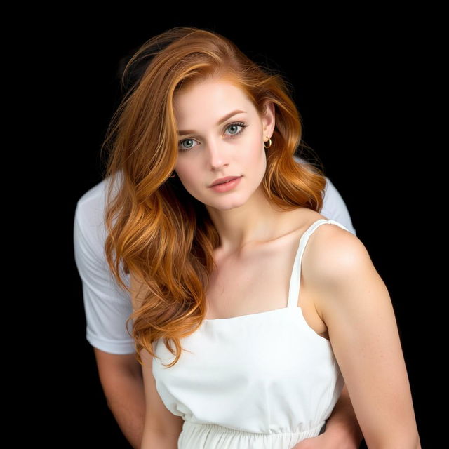 A beautiful scene featuring a red-haired woman with medium-length wavy hair, wearing a casual white dress