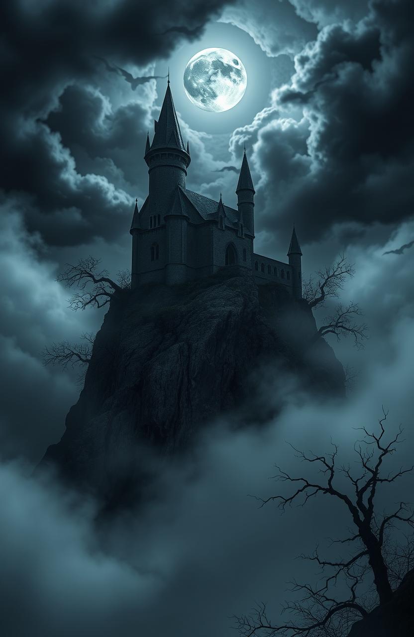 A mysterious dark side landscape with swirling clouds and shadows, featuring a looming ancient castle perched on a cliff, surrounded by twisted trees and eerie mist