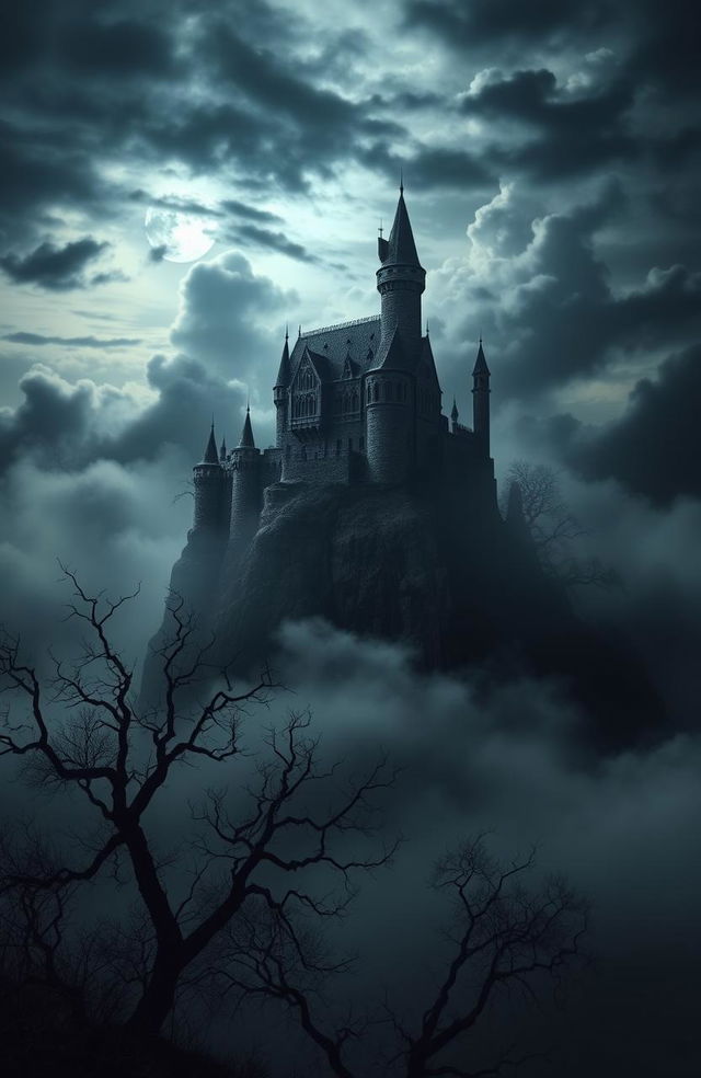 A mysterious dark side landscape with swirling clouds and shadows, featuring a looming ancient castle perched on a cliff, surrounded by twisted trees and eerie mist