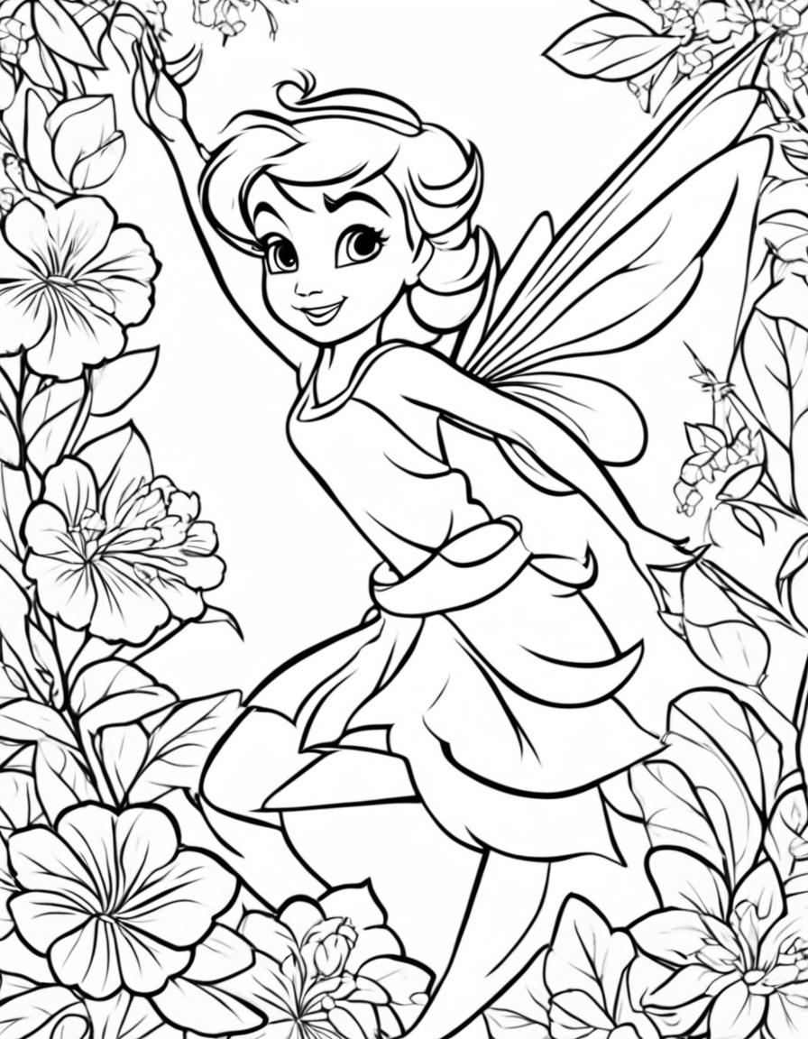 Simple coloring page featuring Peter Pan's pixie fairy, Tinkerbell, in a playful pose.