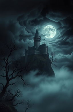 A mysterious dark side landscape with swirling clouds and shadows, featuring a looming ancient castle perched on a cliff, surrounded by twisted trees and eerie mist