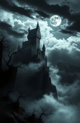 A mysterious dark side landscape with swirling clouds and shadows, featuring a looming ancient castle perched on a cliff, surrounded by twisted trees and eerie mist
