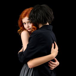 A red-haired girl with wavy medium-length hair, dressed in a casual dress, is being embraced from behind by a pale-skinned boy with disheveled medium-length black hair