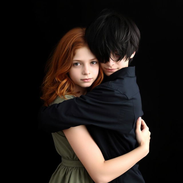 A red-haired girl with wavy medium-length hair, dressed in a casual dress, is being embraced from behind by a pale-skinned boy with disheveled medium-length black hair