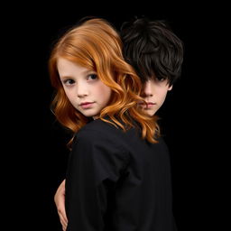 A red-haired girl with wavy medium-length hair, dressed in a casual dress, is being embraced from behind by a pale-skinned boy with disheveled medium-length black hair