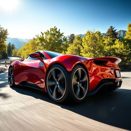 A sleek, modern sports car with a shiny red exterior, aerodynamic design, and large alloy wheels, showcased on a winding mountain road