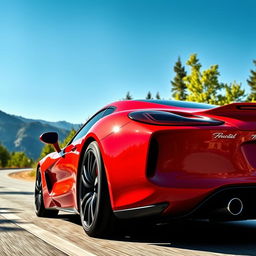 A sleek, modern sports car with a shiny red exterior, aerodynamic design, and large alloy wheels, showcased on a winding mountain road