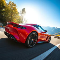 A sleek, modern sports car with a shiny red exterior, aerodynamic design, and large alloy wheels, showcased on a winding mountain road
