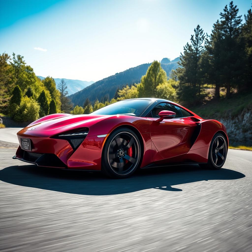 A sleek, modern sports car with a shiny red exterior, aerodynamic design, and large alloy wheels, showcased on a winding mountain road