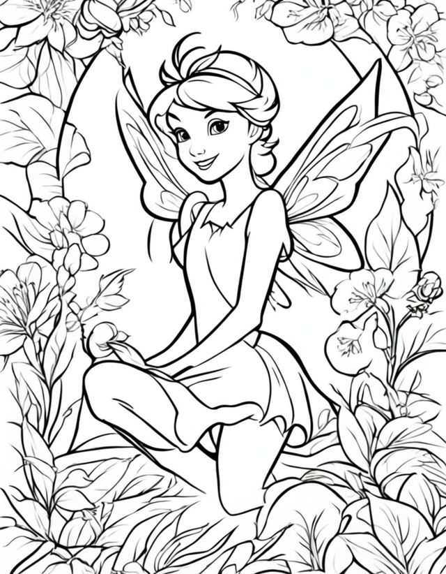 Simple coloring page featuring Peter Pan's pixie fairy, Tinkerbell, in a playful pose.