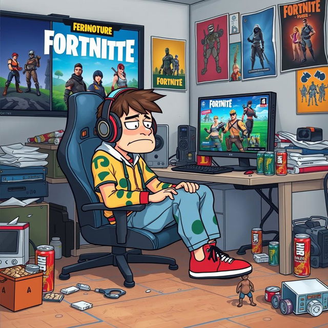 A humorous depiction of a Fortnite player sitting alone in their messy gaming room, surrounded by game posters and action figurines