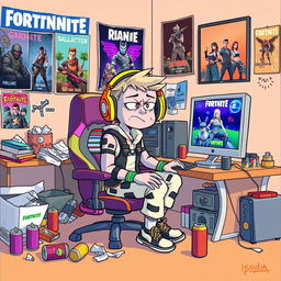 A humorous depiction of a Fortnite player sitting alone in their messy gaming room, surrounded by game posters and action figurines