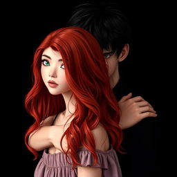 A young woman with red, wavy medium-length hair, wearing a casual dress, is in the foreground