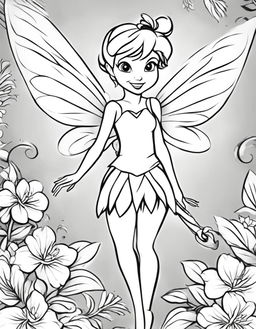 Simple coloring page featuring Peter Pan's pixie fairy, Tinkerbell, in a playful pose.