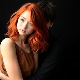 A young woman with red, wavy medium-length hair, wearing a casual dress, is in the foreground