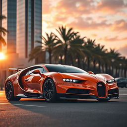A stunning orange Bugatti parked on a luxurious city street, basking in the golden light of sunset
