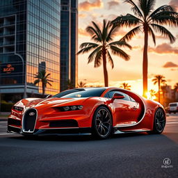 A stunning orange Bugatti parked on a luxurious city street, basking in the golden light of sunset