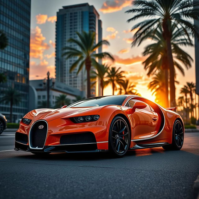 A stunning orange Bugatti parked on a luxurious city street, basking in the golden light of sunset