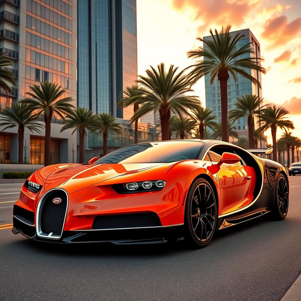 A stunning orange Bugatti parked on a luxurious city street, basking in the golden light of sunset