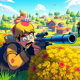 A comedic portrayal of a Fortnite character dramatically losing a sniper battle, with a shocked expression on their face