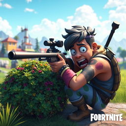 A comedic portrayal of a Fortnite character dramatically losing a sniper battle, with a shocked expression on their face