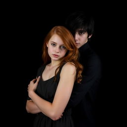A beautiful red-haired girl with wavy, mid-length hair, dressed in a casual dress, standing closely in front of a pale young man with long, tousled black hair