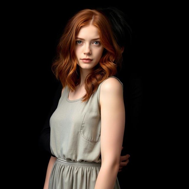 A beautiful red-haired girl with wavy, mid-length hair, dressed in a casual dress, standing closely in front of a pale young man with long, tousled black hair