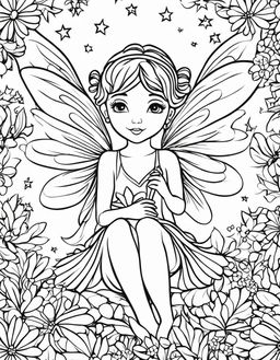 Simple coloring page featuring a playful pixie fairy surrounded by stars.