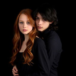 A beautiful red-haired girl with wavy, mid-length hair, dressed in a casual dress, standing closely in front of a pale young man with long, tousled black hair