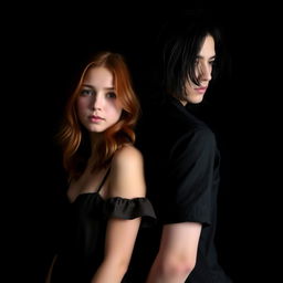 A beautiful red-haired girl with wavy, mid-length hair, dressed in a casual dress, standing closely in front of a pale young man with long, tousled black hair
