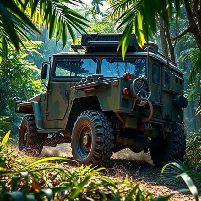 A rugged military car driving through a dense jungle, camouflaged in green and brown tones