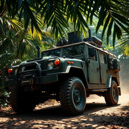 A rugged military car driving through a dense jungle, camouflaged in green and brown tones