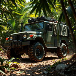 A rugged military car driving through a dense jungle, camouflaged in green and brown tones