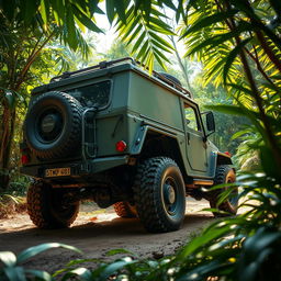 A rugged military car driving through a dense jungle, camouflaged in green and brown tones