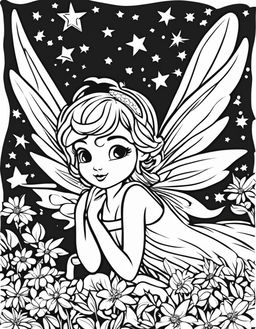 Simple coloring page featuring a playful pixie fairy surrounded by stars.