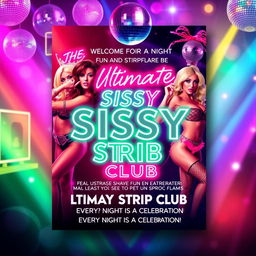 A vibrant and eye-catching flyer design for a sissy strip club, featuring a playful and colorful aesthetic