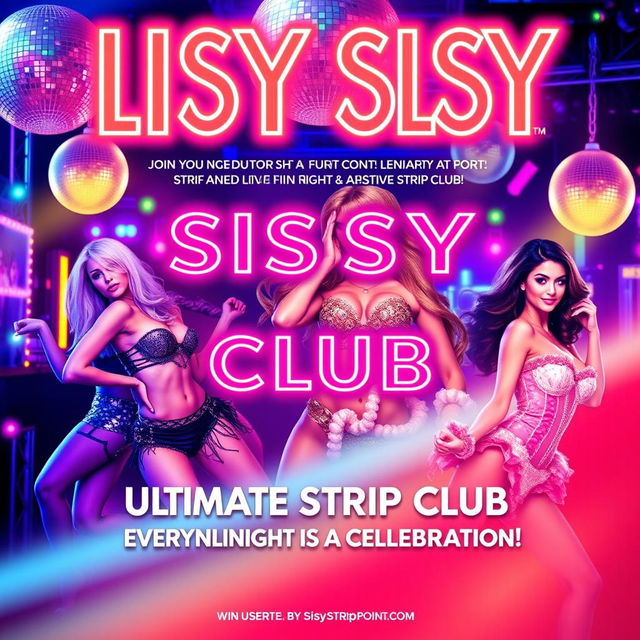 A vibrant and eye-catching flyer design for a sissy strip club, featuring a playful and colorful aesthetic