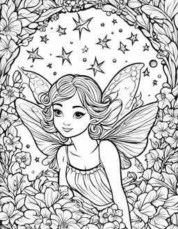 Simple coloring page featuring a playful pixie fairy surrounded by stars.