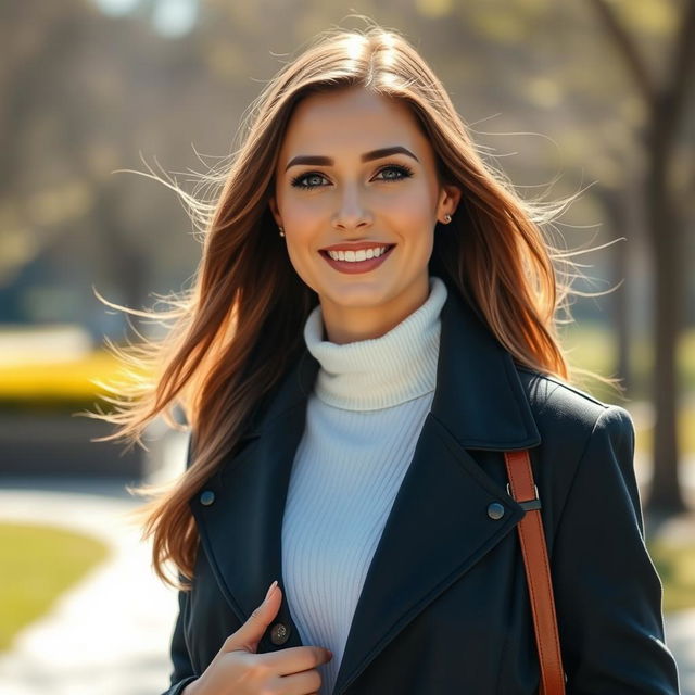 A full-body portrait of a beautiful 35-year-old Slavic woman, showcasing her striking features and elegant style