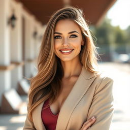 A full-body portrait of a beautiful 35-year-old Slavic woman, showcasing her striking features and elegant style