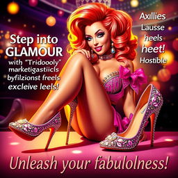 A glamorous advertisement featuring Trixxxie Glitzshock, a sissy stripper, showcasing stunning marketing heels
