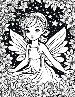 Simple coloring page featuring a playful pixie fairy surrounded by stars.