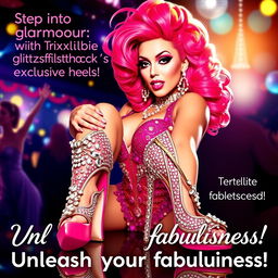 A glamorous advertisement featuring Trixxxie Glitzshock, a sissy stripper, showcasing stunning marketing heels