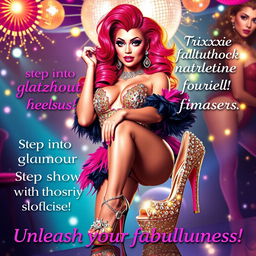 A glamorous advertisement featuring Trixxxie Glitzshock, a sissy stripper, showcasing stunning marketing heels