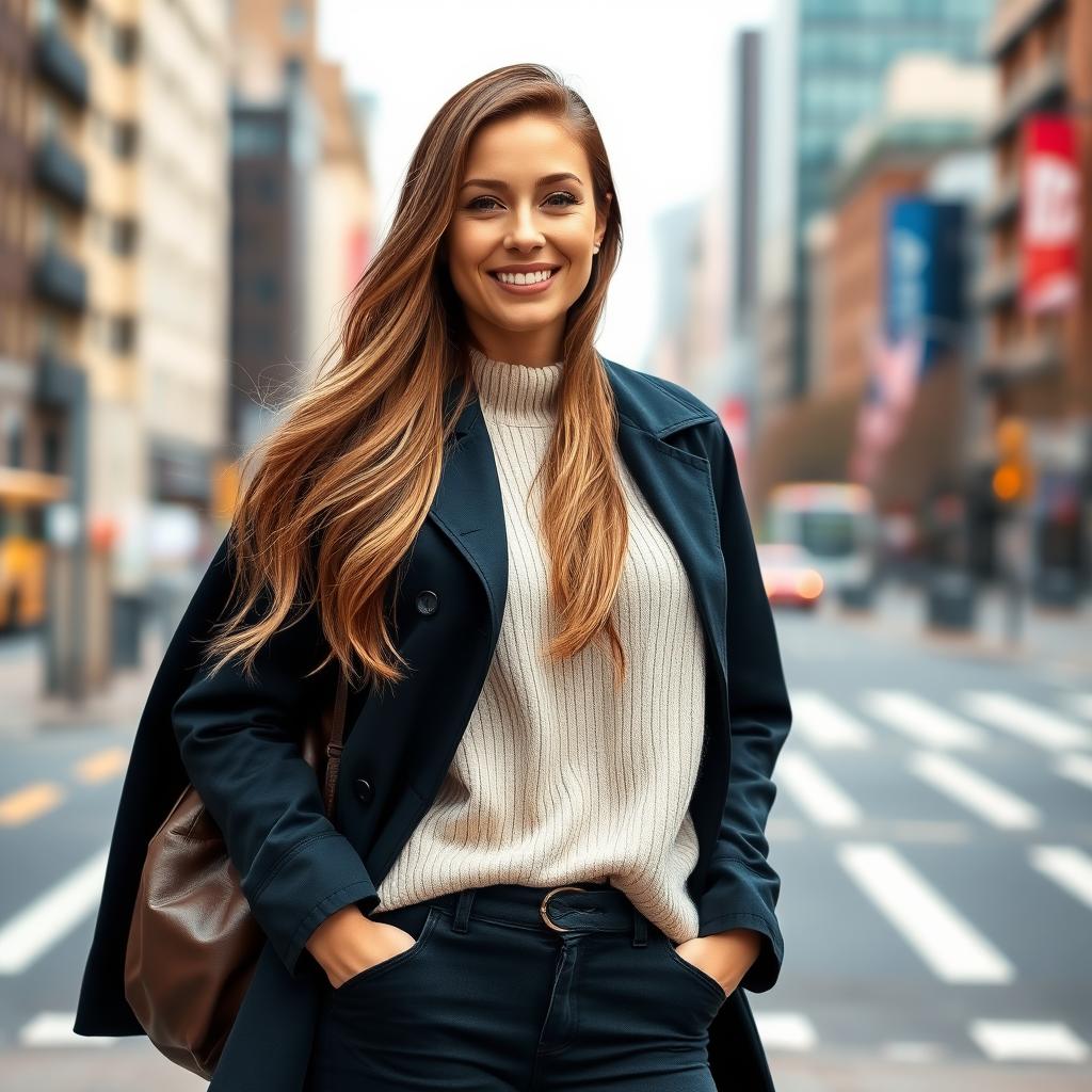 A beautiful 35-year-old woman of Polish descent, standing tall in full body, wearing stylish clothing