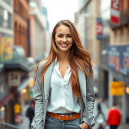 A beautiful 35-year-old woman of Polish descent, standing tall in full body, wearing stylish clothing