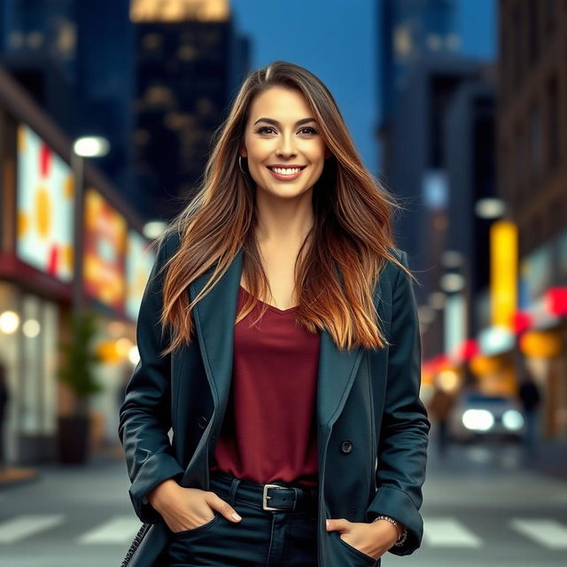 A beautiful 35-year-old woman of Polish descent, standing tall in full body, wearing stylish clothing